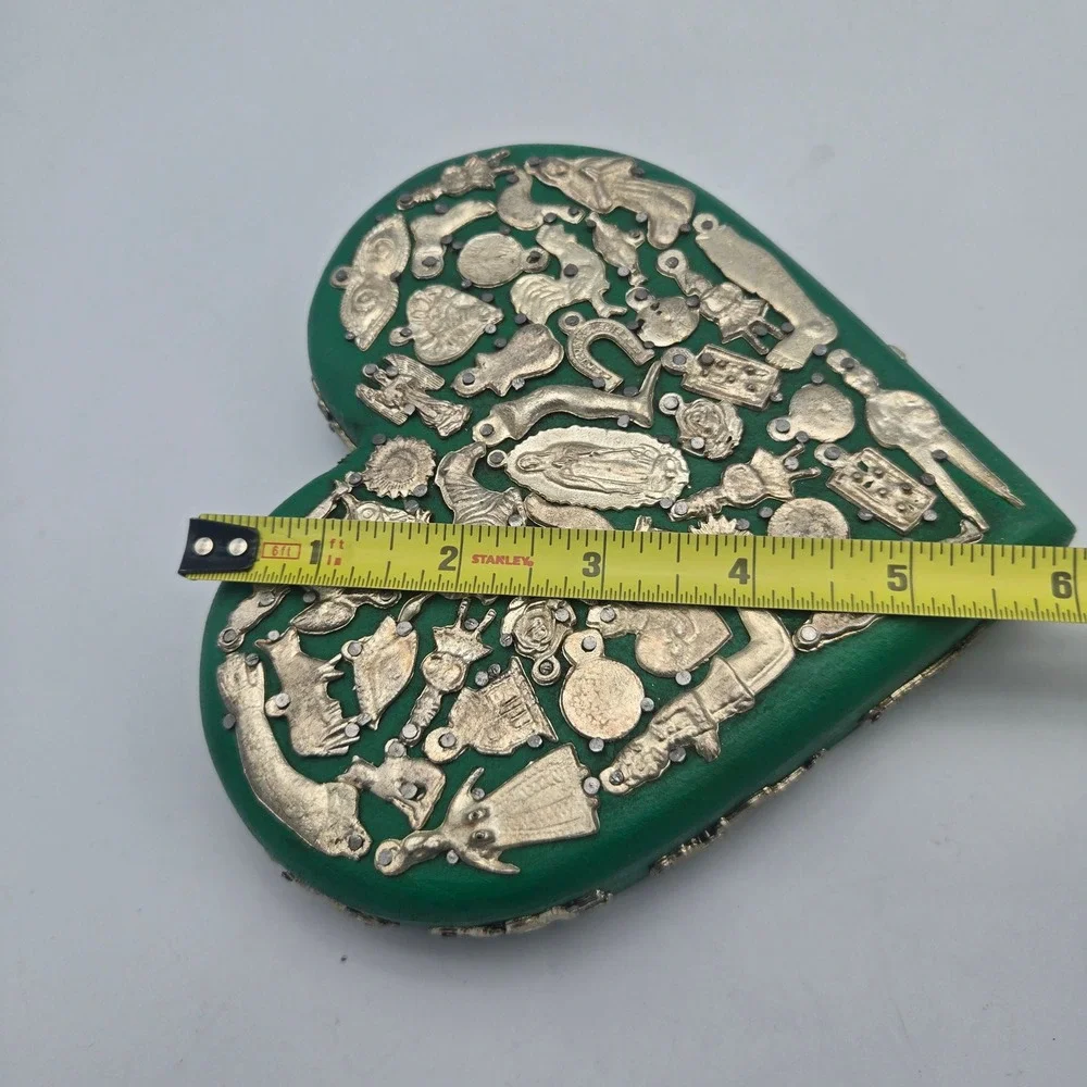 Mexican Milagros Green Painted Wood Heart Plaque Folk Art Wall Hanging Guadalupe